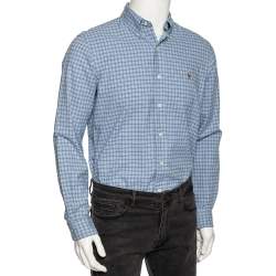 Pre Owned قميص رالف لورين قطن كاروهات أزرق أزرار أمامية مقاس وسط (ميديوم) 