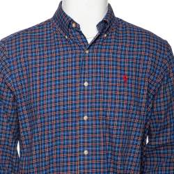 Pre Owned قميص رالف لورين قطن كاروهات أزرق أزرار أمامية قصة كلاسيكية مقاس وسط (ميديوم)