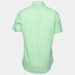Pre Owned Ralph Lauren Lime Green Checked Crinkled Cotton Short Sleeve Shirt M
