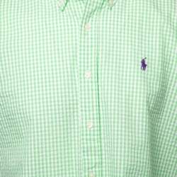 Pre Owned Ralph Lauren Lime Green Checked Crinkled Cotton Short Sleeve Shirt M