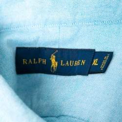 مملوكة مسبقًا قميص رالف لورين قطن أزرق بأزرار سفلية بأكمام قصيرة مقاس كبير جداً ( إكس لارج )