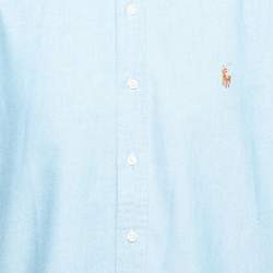 مملوكة مسبقًا قميص رالف لورين قطن أزرق بأزرار سفلية بأكمام قصيرة مقاس كبير جداً ( إكس لارج )
