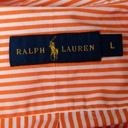 مملوكة مسبقًا قميص رالف لورين قطن مخطط برتقالي بصف أزرار مقاس كبير