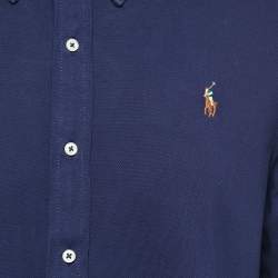 Pre Owned Ralph Lauren Navy Blue Knit Oxford Full Sleeve Shirt L