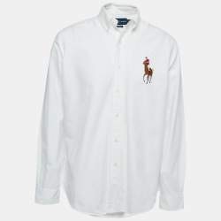 Ralph Lauren White Logo Embroidered Cotton Button Down Full Sleeve Custom Fit Shirt L