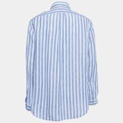 Pre Owned Ralph Lauren Blue Striped Ocean Wash Linen Button Down Full Sleeve Shirt XL