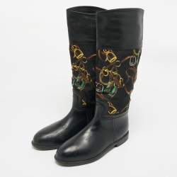 Pre Owned Ralph Lauren Black Rubber and Satin Chain Print Rain Boots Size 43.5