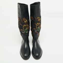Pre Owned Ralph Lauren Black Rubber and Satin Chain Print Rain Boots Size 43.5