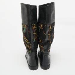 Pre Owned Ralph Lauren Black Rubber and Satin Chain Print Rain Boots Size 43.5