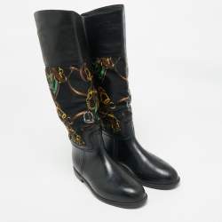 Pre Owned Ralph Lauren Black Rubber and Satin Chain Print Rain Boots Size 43.5
