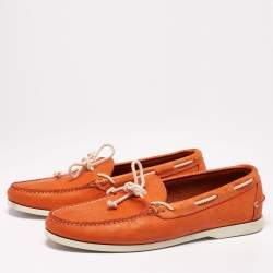Pre Owned Ralph Lauren Orange Leather Bow Boat Loafers Size 44.5
