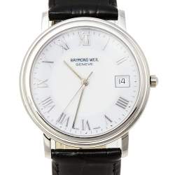 Pre Owned Raymond Weil White Stainless Steel Leather Tradition 5575/1 Men's Wristwatch 35 mm