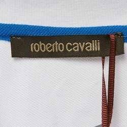 Pre Owned Roberto Cavalli White Logo Trim Pique Cotton Polo T-Shirt XL
