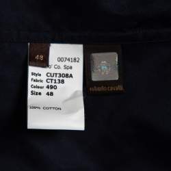 مملوكة مسبقًا Roberto Cavalli Navy Blue Cotton Animal Patterned Trim Concealed Placket Shirt M 