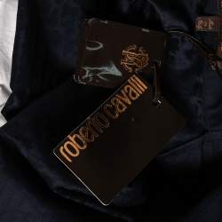 مملوكة مسبقًا Roberto Cavalli Navy Blue Cotton Animal Patterned Trim Concealed Placket Shirt M 