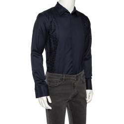 مملوكة مسبقًا Roberto Cavalli Navy Blue Cotton Animal Patterned Trim Concealed Placket Shirt M 