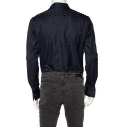 مملوكة مسبقًا Roberto Cavalli Navy Blue Cotton Animal Patterned Trim Concealed Placket Shirt M 
