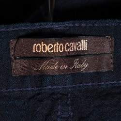 Pre Owned Roberto Cavalli Indigo Denim & Leather Trim Straight Leg Jeans L