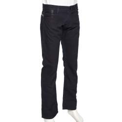 Pre Owned Roberto Cavalli Indigo Denim & Leather Trim Straight Leg Jeans L