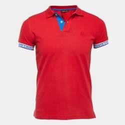 Pre Owned Roberto Cavalli Red Logo Patterned Cotton Pique Polo T-Shirt S