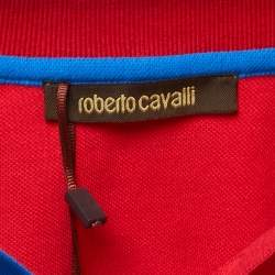 Pre Owned Roberto Cavalli Red Logo Patterned Cotton Pique Polo T-Shirt S