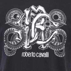 Pre Owned Roberto Cavalli Black Logo Print Cotton Crew Neck Half Sleeve T-Shirt L