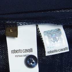 Pre Owned Roberto Cavalli Navy Blue Logo Detailed Sleeve Polo T-Shirt L