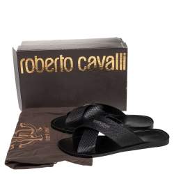 Pre Owned Roberto Cavalli Black Snake-Embossed Leather Crossband Slides Sandals Size 46