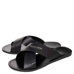 Pre Owned Roberto Cavalli Black Snake-Embossed Leather Crossband Slides Sandals Size 46