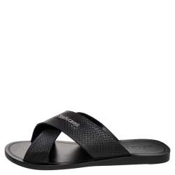 Pre Owned Roberto Cavalli Black Snake-Embossed Leather Crossband Slides Sandals Size 46