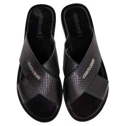 Pre Owned Roberto Cavalli Black Snake-Embossed Leather Crossband Slides Sandals Size 46