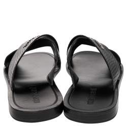 Pre Owned Roberto Cavalli Black Snake-Embossed Leather Crossband Slides Sandals Size 46