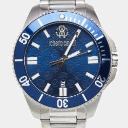 Pre Owned Roberto Cavalli Blue Stainless Steel 5G013 Men's Wristwatch 44 mm