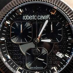 Pre Owned Roberto Cavalli Black PVD Coated Stainless Steel Leather Bohemienne R7271666025 Men's Wristwatch 40 mm