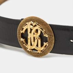 Pre Owned Roberto Cavalli Black Leather RC Logo Round Belt 90CM