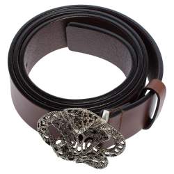 Pre Owned حزام روبرتو كافالي إبزيم ثعبان معدن وجلد بني داكن 90 سم