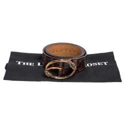 Pre Owned Roberto Cavalli Dark Brown Croc Embossed Leather Snake Detail Buckle Belt