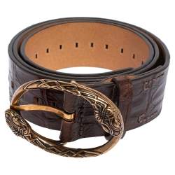 Pre Owned Roberto Cavalli Dark Brown Croc Embossed Leather Snake Detail Buckle Belt