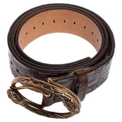 Pre Owned Roberto Cavalli Dark Brown Croc Embossed Leather Snake Detail Buckle Belt