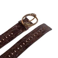 Pre Owned Roberto Cavalli Dark Brown Croc Embossed Leather Snake Detail Buckle Belt