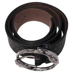 Pre Owned Roberto Cavalli Black/Grey Croc Embossed Leather Snake Detail Belt Buckle Belt