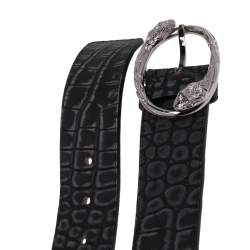 Pre Owned Roberto Cavalli Black/Grey Croc Embossed Leather Snake Detail Belt Buckle Belt