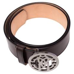 Pre Owned Roberto Cavalli Brown Leather Logo Buckle Belt 90CM
