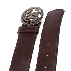 Pre Owned Roberto Cavalli Brown Leather Logo Buckle Belt 90CM