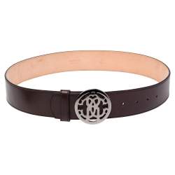 Pre Owned Roberto Cavalli Brown Leather Logo Buckle Belt 90CM