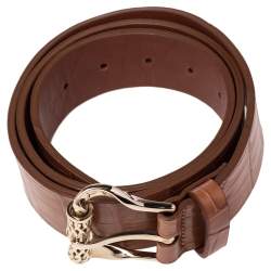 Pre Owned Roberto Cavalli Brown Croc Embossed Leather Buckle Belt 100CM