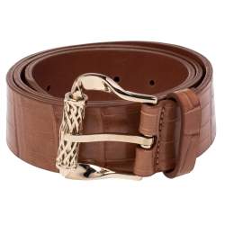 Pre Owned Roberto Cavalli Brown Croc Embossed Leather Buckle Belt 100CM