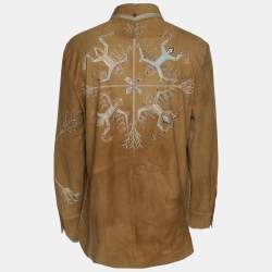 Roberto Cavalli Brown Embroidered Suede Button Front Shirt M