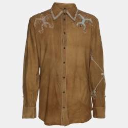 Roberto Cavalli Brown Embroidered Suede Button Front Shirt M