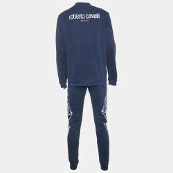 Roberto Cavalli Navy Blue Printed Cotton Knit Zip Front Jacket & Joggers Set L
